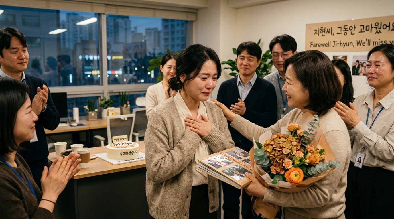 동료들이 이별하는 자리에서 감정이 북받쳐 흐르는 눈물을 흘리는 여성과 꽃다발을 들고 있는 동료의 모습. 배경에는 "지현씨, 그동안 고마웠어요"라는 문구가 적힌 현수막과 함께 축하 케이크가 놓여 있다.