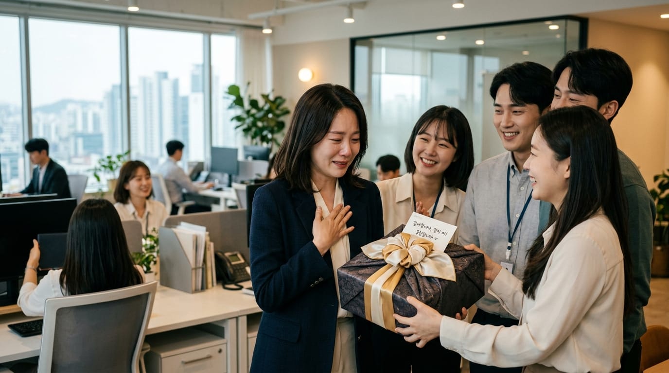 사무실에서 동료들이 선물을 전달하며 기뻐하는 모습, 감동받은 여성과 함께 웃고 있는 남성과 여성들. 배경에는 현대적인 사무실 환경과 도시 풍경이 보임.