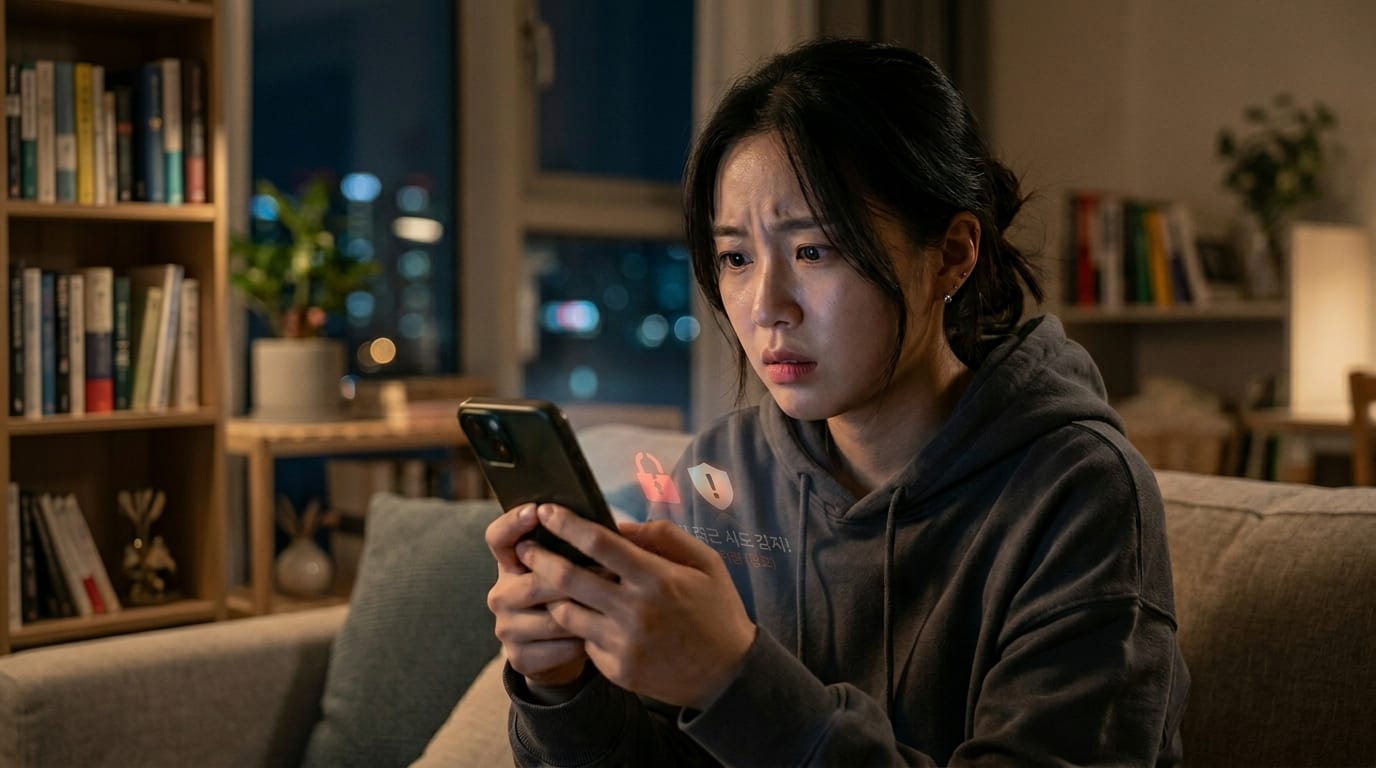 어두운 방에서 스마트폰을 들고 걱정스러운 표정을 짓고 있는 여성. 배경에는 책장과 식물이 보이며, 화면에는 보안 관련 경고 아이콘이 나타나 있다.
