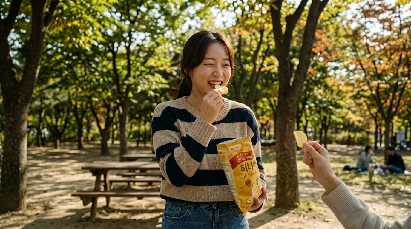 공원에서 감자칩을 먹으며 웃고 있는 여성, 친구가 손으로 칩을 건네는 모습. 나무가 우거진 배경과 함께 가을의 따뜻한 분위기를 느낄 수 있는 장면.