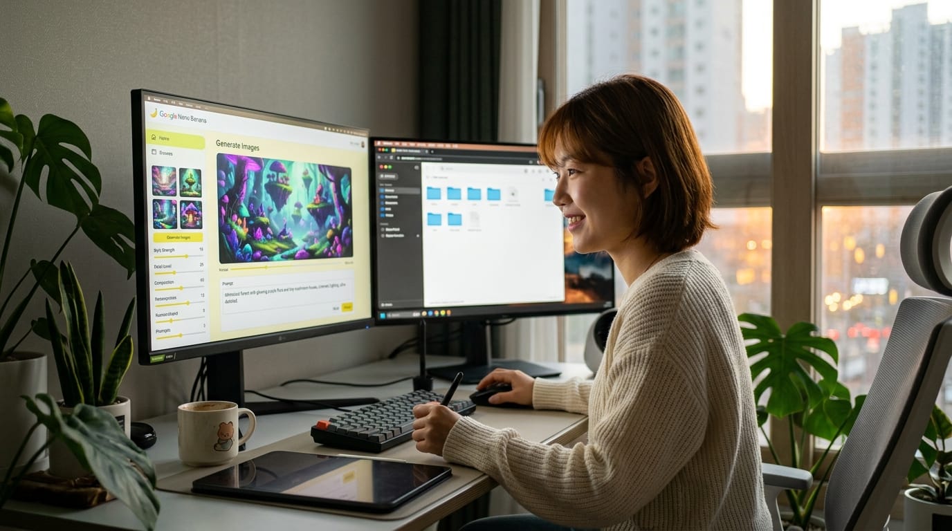컴퓨터 앞에서 작업 중인 여성, 두 대의 모니터에 디지털 아트 생성 프로그램이 열려 있고, 식물과 커피 컵이 있는 아늑한 작업 공간.