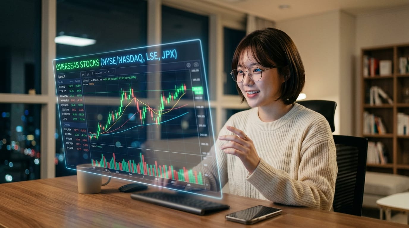 주식 차트를 분석하는 젊은 여성, 해외 주식 시장(NYSE, NASDAQ, LSE, JPX) 관련 데이터가 표시된 화면 앞에서 웃으며 작업 중.