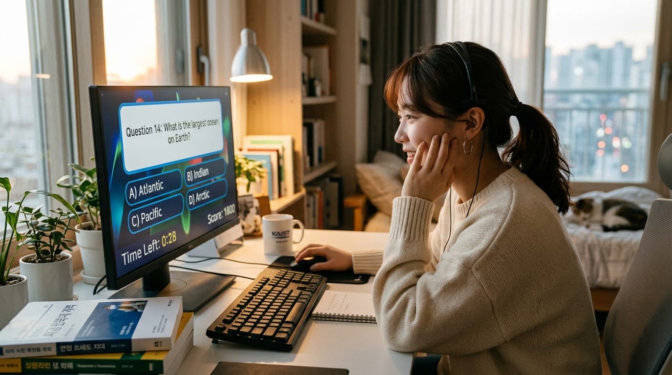 컴퓨터 앞에서 퀴즈를 푸는 여성, 화면에는 '지구에서 가장 큰 바다는 무엇인가?'라는 질문과 여러 선택지가 표시되어 있음. 책과 식물이 있는 아늑한 작업 공간에서 집중하고 있는 모습.