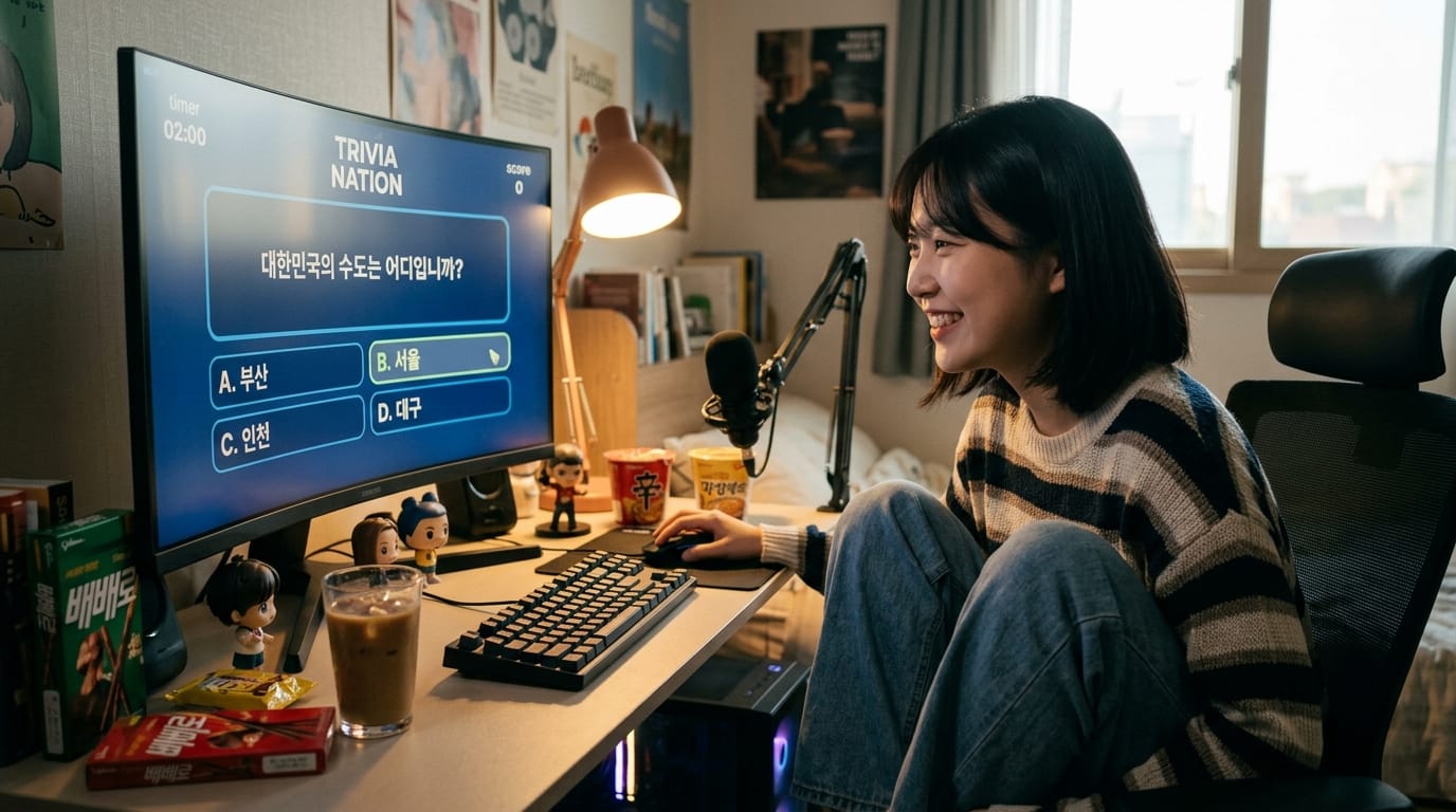 컴퓨터 앞에서 퀴즈 게임을 즐기는 젊은 여성, 화면에 "대한민국의 수도는 어디입니까?"라는 질문이 표시되어 있으며, 다양한 간식과 장난감 피규어가 있는 아늑한 방의 모습.
