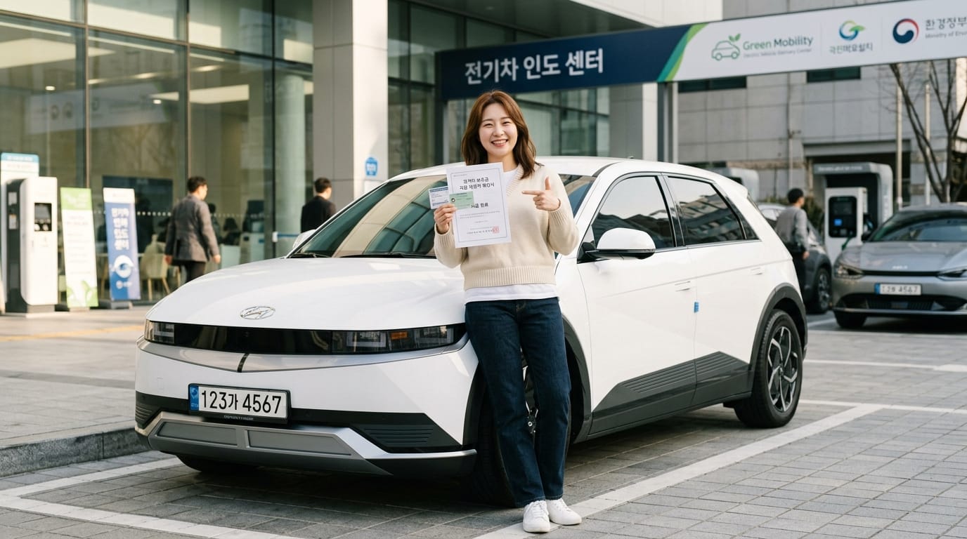 전기차 인도 센터 앞에서 전기차와 함께 인증서를 들고 웃고 있는 여성의 모습. 현대 아이오닉 전기차와 관련된 친환경 이동 수단을 홍보하는 장면.