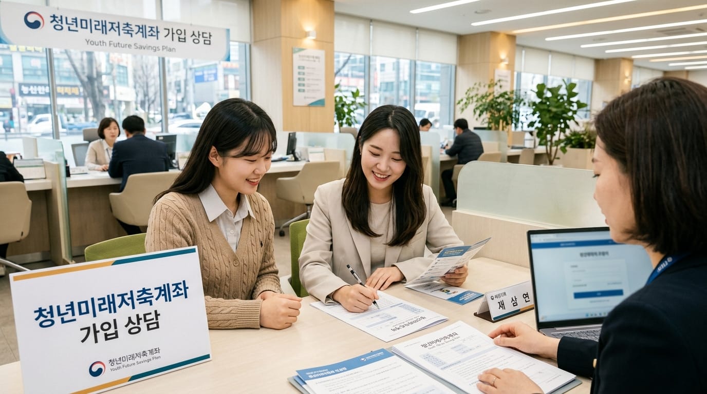 청년 미래 저축계좌 가입 상담을 받고 있는 두 여성과 상담원. 사무실 내부에서 진행되는 상담 모습으로, 테이블 위에는 관련 서류와 안내서가 놓여 있다. 배경에는 다른 고객과 상담 중인 직원들이 보인다.
