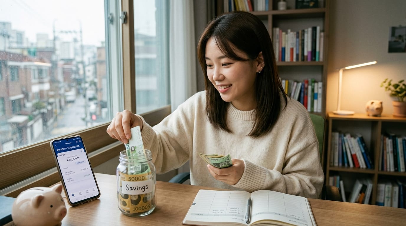 저축 통장에 돈을 넣고 있는 여성. 스마트폰 화면에는 금융 앱이 표시되어 있으며, 배경에는 책장이 보인다.