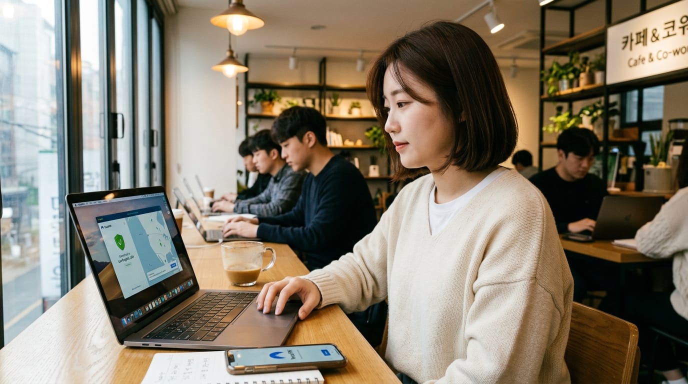 카페에서 노트북으로 작업 중인 여성과 함께 일하는 남성들, 커피와 메모가 있는 작업 공간.