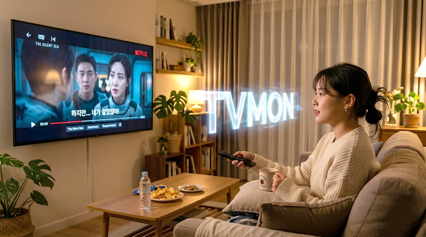 넷플릭스에서 '더 사일런트 씨'를 시청하는 여성. 편안한 소파에 앉아 TV 리모컨을 들고 있으며, 테이블에는 간식과 음료가 놓여 있다. 배경에는 식물과 책장이 있는 아늑한 거실 환경이 보인다.