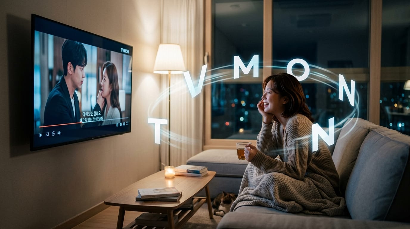 편안한 소파에 앉아 TV를 시청하는 여성, 화면에는 드라마 장면이 나오고 있다. 주변에는 촛불과 책이 놓여 있으며, 밤의 도시 풍경이 창 밖으로 보인다. TV 화면에는 'TVMON'이라는 텍스트가 떠 있다.