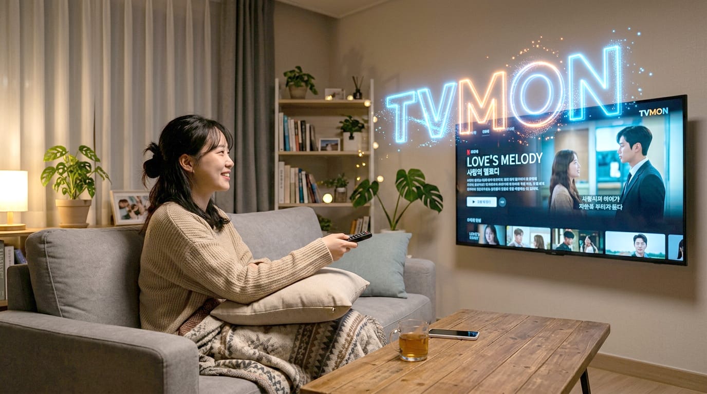 소파에 앉아 TV를 바라보며 리모컨을 들고 있는 여성의 모습. TV 화면에는 '사랑의 멜로디'라는 제목의 프로그램이 표시되어 있으며, 아늑한 거실 환경이 드러나 있다.