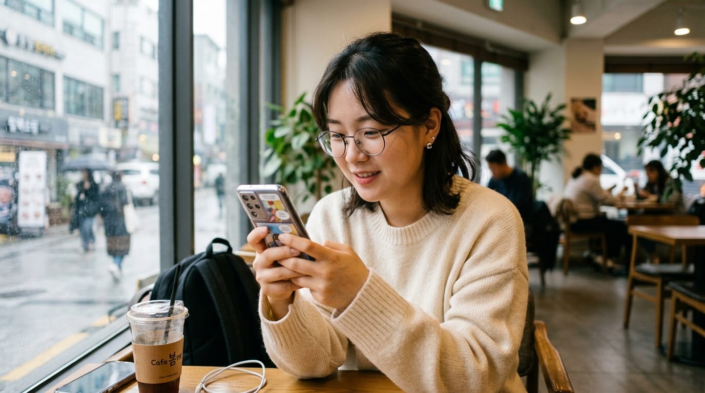 카페에서 스마트폰을 사용하며 미소짓고 있는 젊은 여성의 모습. 창밖으로 비 오는 거리 풍경이 보이며, 주변에는 다른 손님들도 보인다.