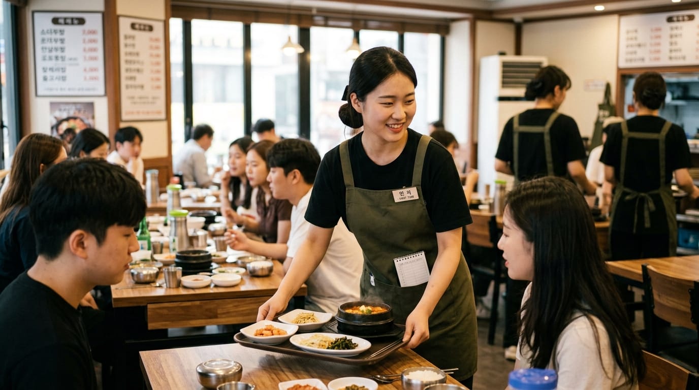 식당에서 음식을 서빙하는 직원과 고객들이 있는 모습. 다양한 메뉴가 담긴 접시와 함께 활기찬 분위기의 식사 공간.