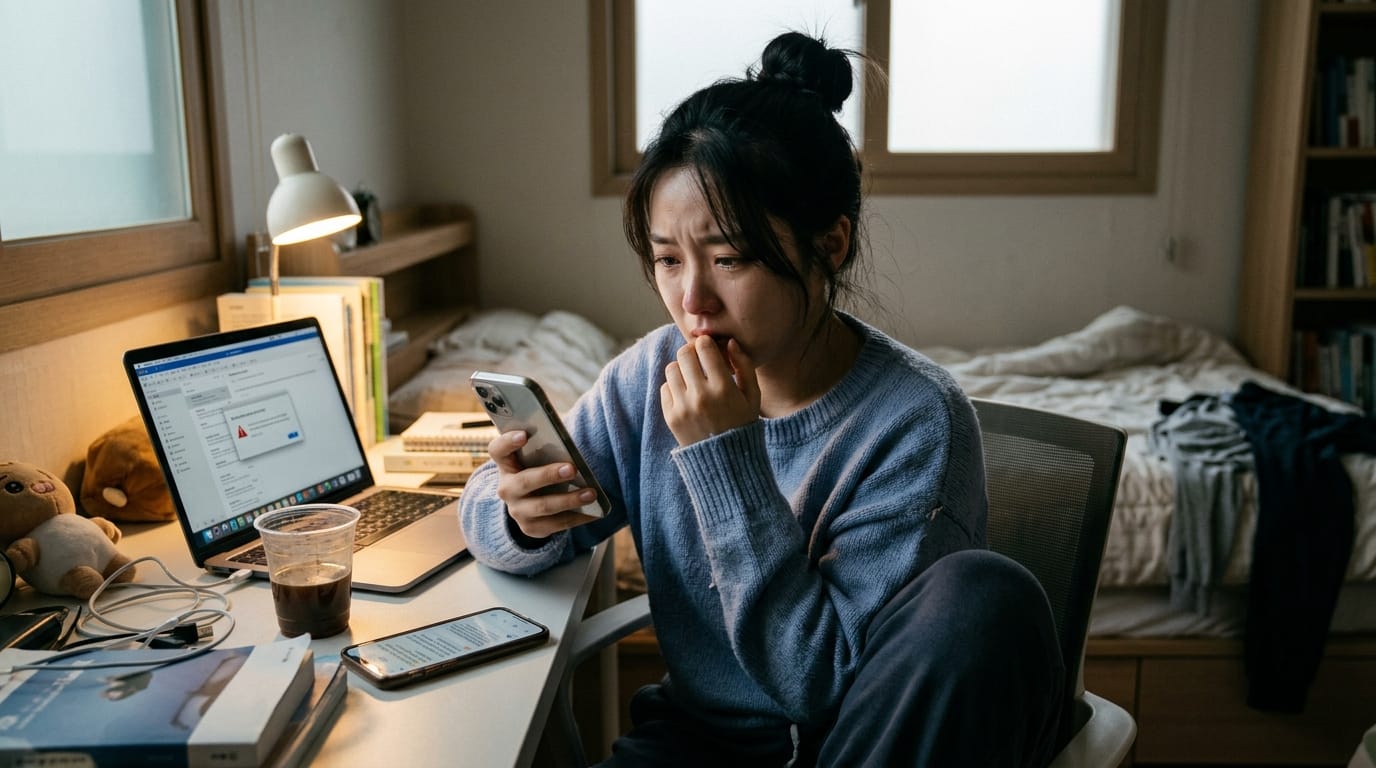 혼자 있는 방에서 스마트폰을 들고 걱정스러운 표정을 짓고 있는 여성. 컴퓨터 화면에는 경고 메시지가 표시되어 있으며, 주변에는 책과 음료가 놓여 있다.