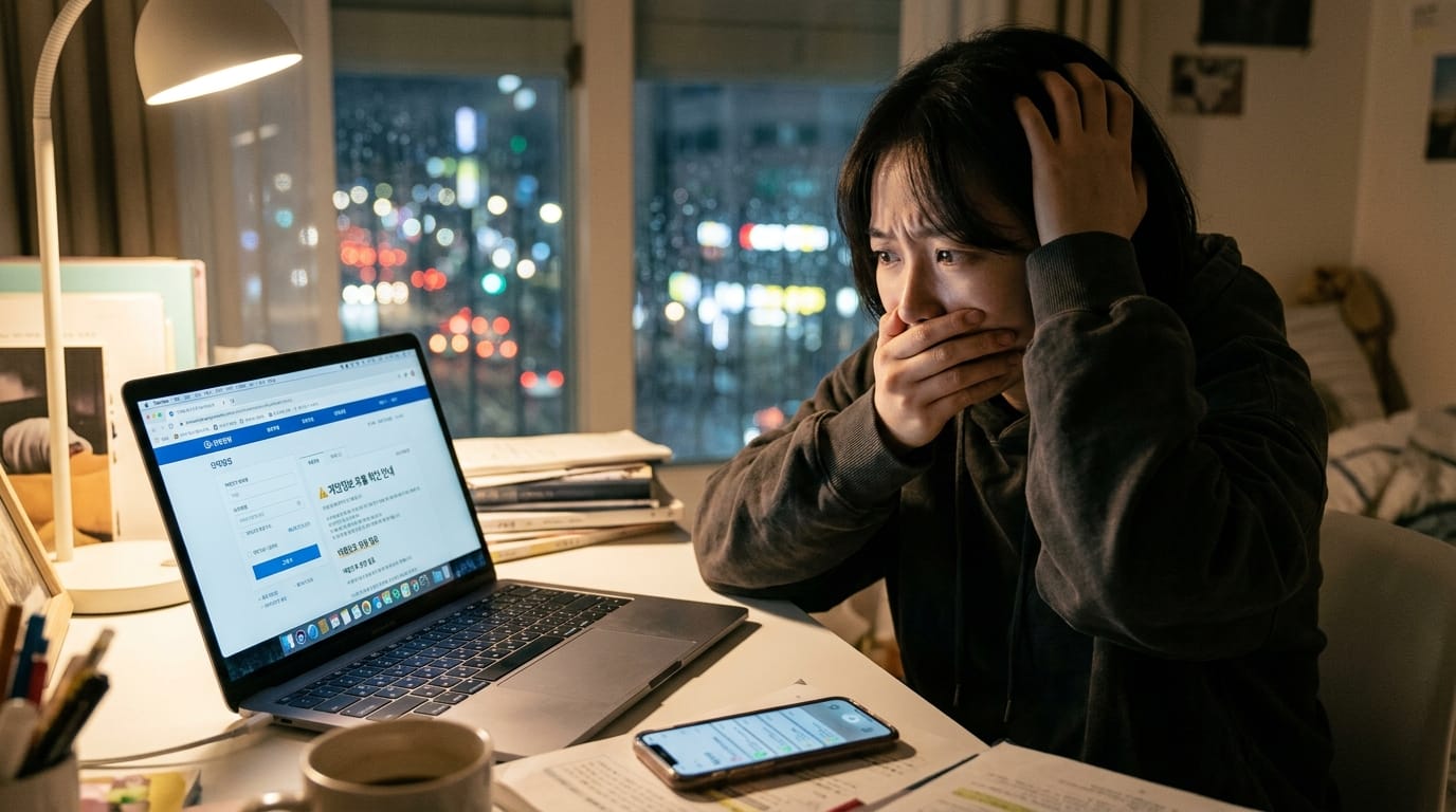 노트북 앞에서 스트레스를 받으며 손으로 얼굴을 가리고 있는 여성. 화면에는 웹사이트가 열려 있고, 주변에는 서류와 스마트폰이 놓여 있음. 배경에는 도시의 불빛이 흐릿하게 보임.