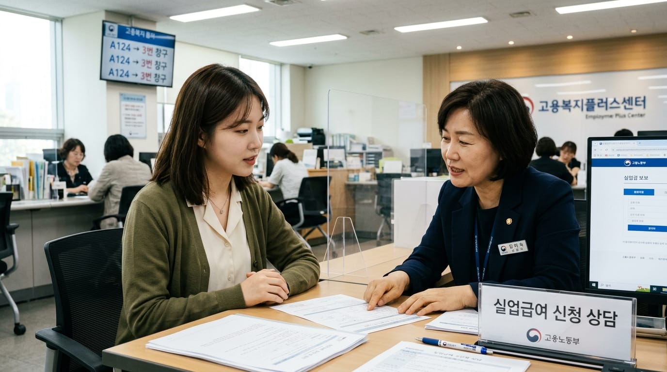 고용복지플러스센터에서 상담원이 실업급여 신청에 대해 설명하는 모습. 상담자는 고객과 서류를 검토하며 대화 중이며, 배경에는 다른 상담사와 고객들이 보인다.