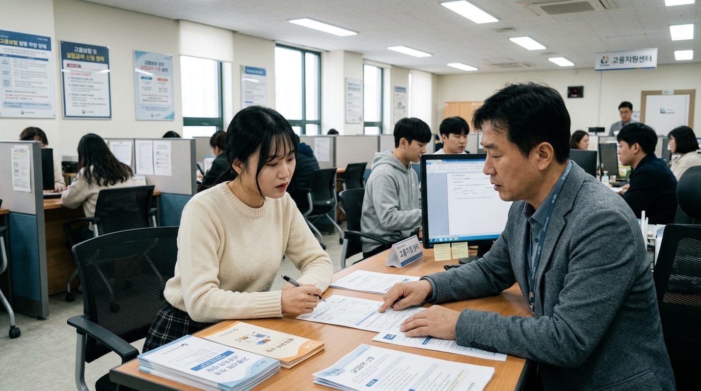 고용 지원 센터에서 상담을 받고 있는 젊은 여성과 상담원. 여성은 서류에 서명하고 있으며, 주변에는 다른 사람들이 컴퓨터를 사용하고 있는 모습이 보인다. 이 이미지는 직업 상담 및 지원을 위한 공간을 보여준다.