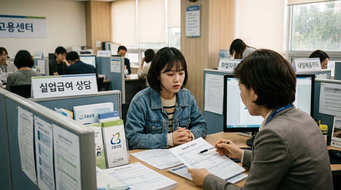구직 상담 중인 젊은 여성과 상담원이 대화하는 장면, 고용센터 내부에서 실업급여 상담을 진행하는 모습. 여러 명의 사람들이 컴퓨터 앞에서 일하고 있는 모습이 보임.