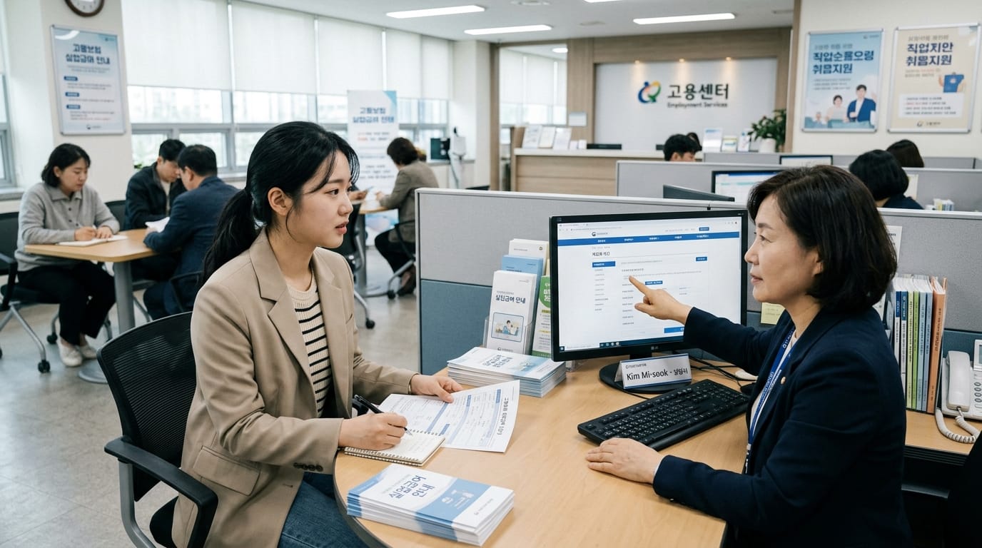 고용센터에서 상담을 받고 있는 여성과 직원이 컴퓨터 화면을 가리키며 대화하는 모습. 상담 테이블에는 다양한 안내책자가 놓여 있으며, 배경에는 다른 고객들이 상담을 받고 있는 모습이 보인다.