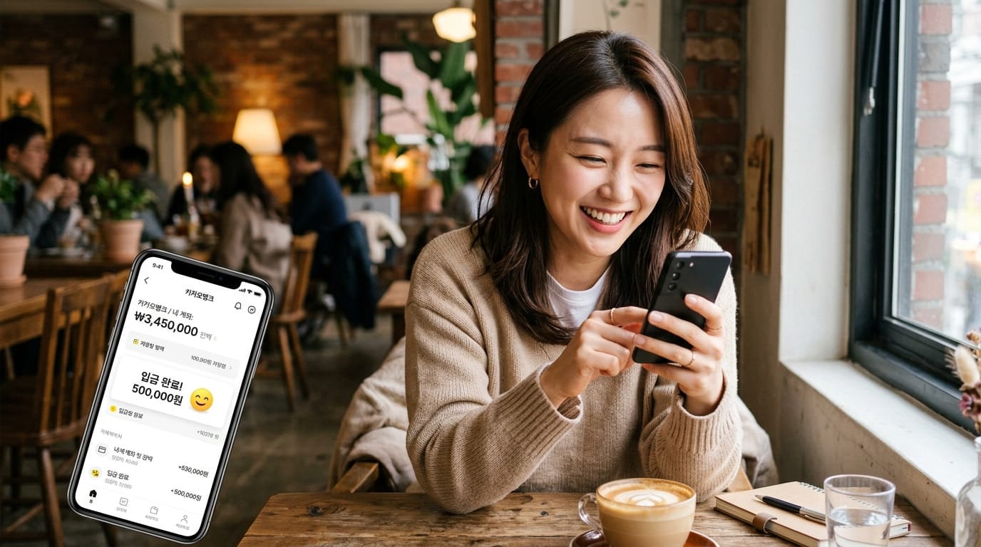 카페에서 스마트폰을 사용하며 웃고 있는 여성의 모습. 화면에는 3,450,000원의 잔액과 500,000원의 입금 알림이 표시되어 있음. 배경에는 다른 손님들이 있는 아늑한 카페 환경이 보임.