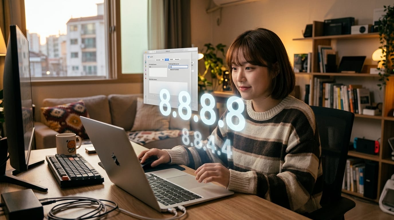 집에서 컴퓨터로 작업하는 여성, 화면에 DNS 서버 주소 8.8.8.8과 8.8.4.4가 표시됨. 따뜻한 조명과 아늑한 인테리어가 특징인 홈 오피스 환경.