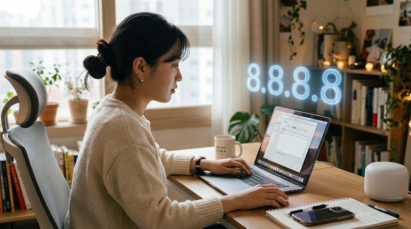 노트북 앞에 앉아 인터넷 작업을 하는 여성, 화면에 8.8.8.8 숫자가 표시되어 있음. 편안한 실내 환경과 식물 장식이 있는 책상이 특징.