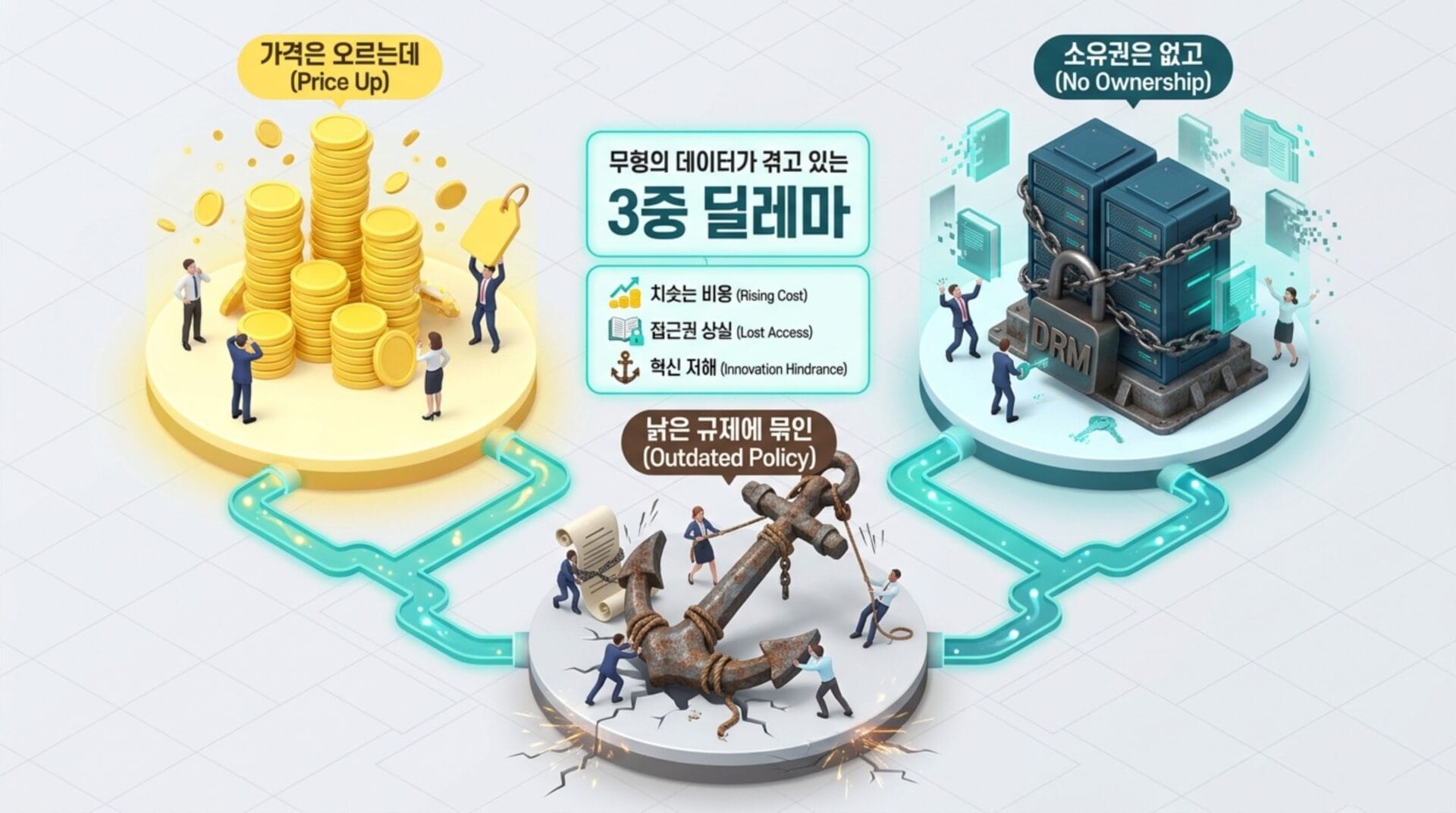 가격 상승, 접근 권한 상실, 혁신 저해를 주제로 한 3종 딜레마를 설명하는 이미지. 중앙에는 금화 더미와 잠겨진 데이터 서버가 있으며, 각 요소는 가격 인상 및 규제 문제를 나타냄.
