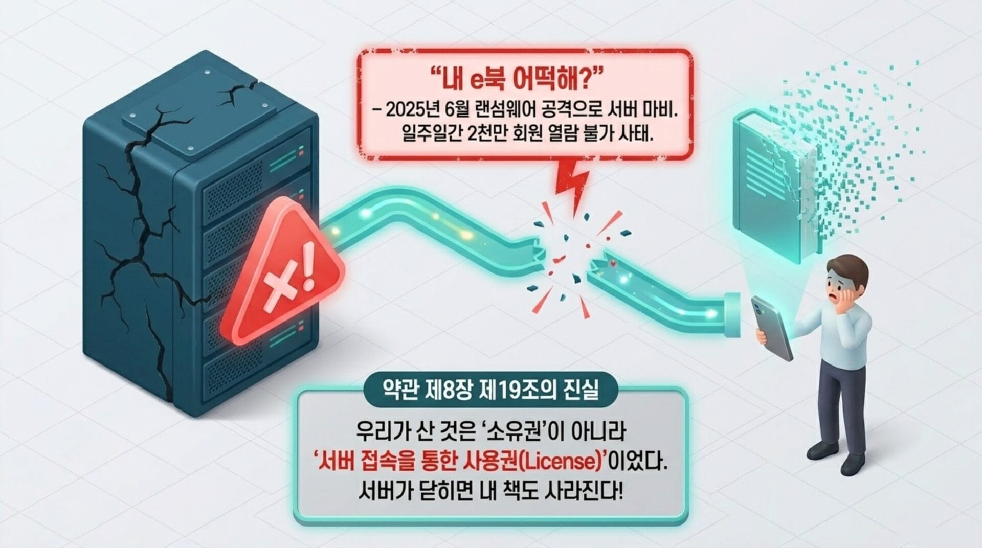 서버 오류로 인해 데이터 손실을 걱정하는 남성의 모습, 서버 마비와 관련된 경고 아이콘과 함께 e북 접근 문제를 다루는 이미지. 2025년 6월 랜섬웨어 공격에 대한 경고와 함께 서버 접근 권한의 중요성을 강조.