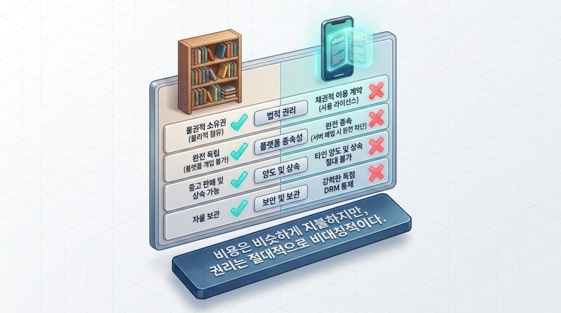 물리적 책과 전자책의 권리 비교를 보여주는 이미지, 물리적 소유권, 완전한 독립성, 중고 판매 가능성 등의 장점과 전자책의 제한 사항인 채권적 이용 계약, DRM 통제 등을 설명.