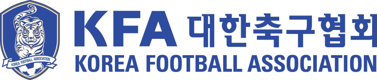 대한축구협회 로고, KFA와 한국어로 '대한축구협회'가 포함된 디자인. 축구와 관련된 공식 이미지.