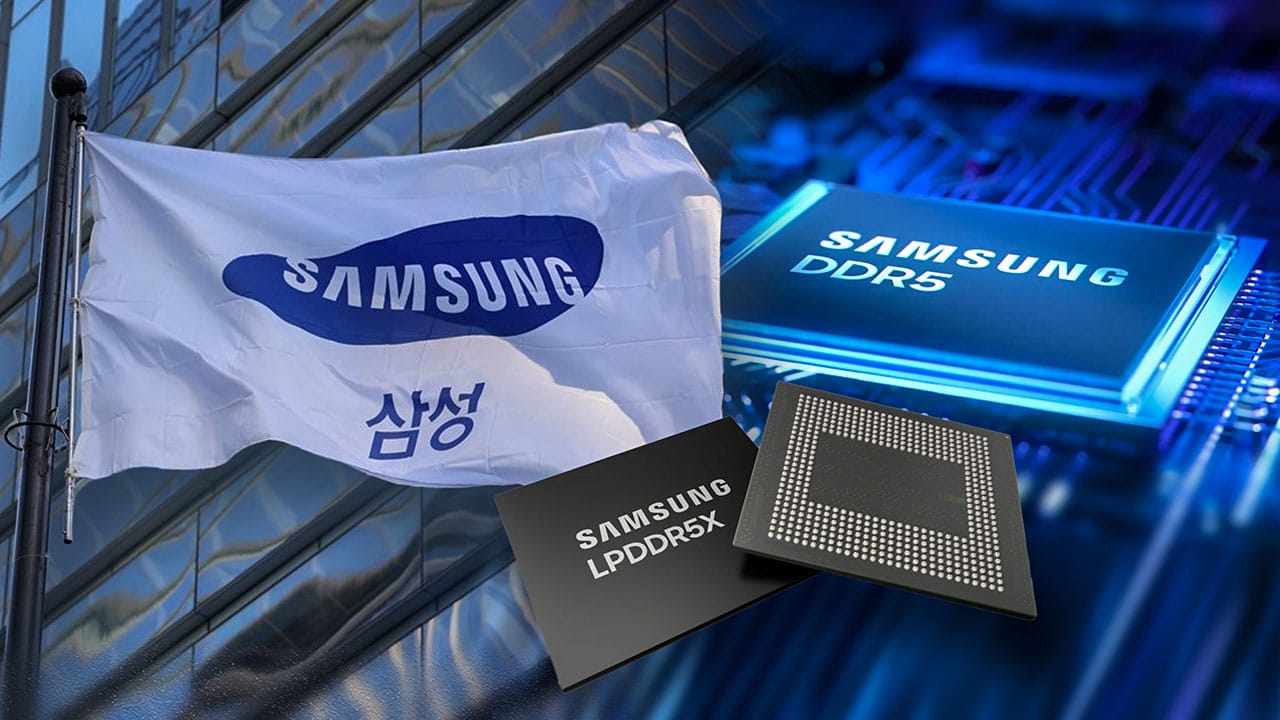 삼성 로고가 있는 깃발과 DDR5, LPDDR5X 칩이 함께 있는 이미지로, 반도체 기술의 발전을 상징합니다.