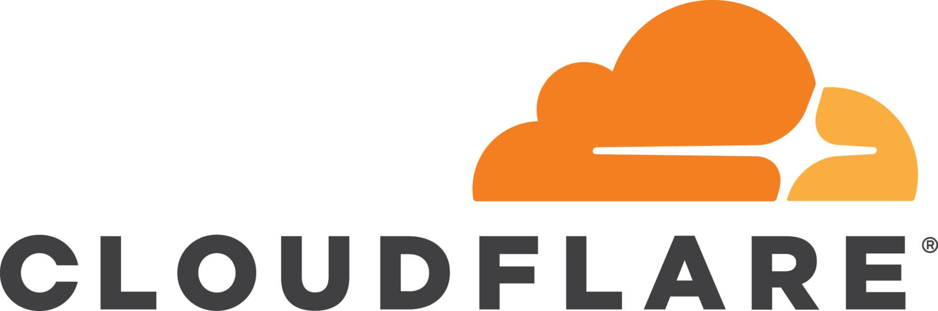 클라우드플레어 로고, 주황색 구름 모양과 함께 'CLOUDFLARE'라는 텍스트가 포함된 이미지. 웹 보안 및 성능 최적화 서비스 제공.