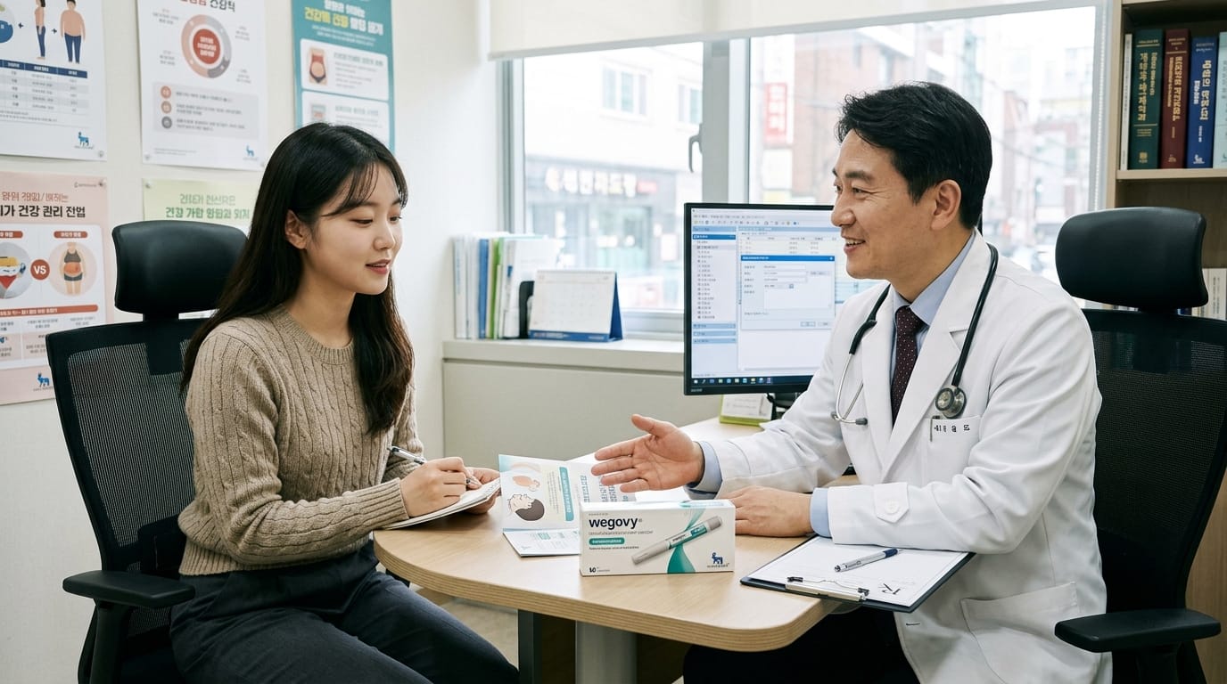 의사와 상담 중인 환자가 위고비 제품에 대한 정보를 듣고 있는 모습, 진료실에서의 상담 환경이 잘 드러난 이미지.