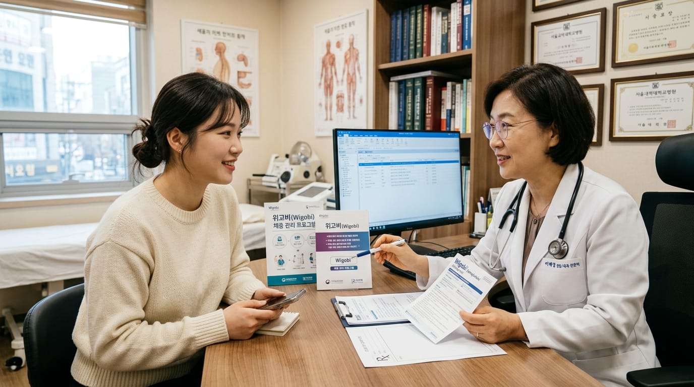 의사와 상담 중인 환자가 위그비(Wigbi) 관련 자료를 검토하고 있는 모습, 치료 방법과 효과에 대한 정보 제공.