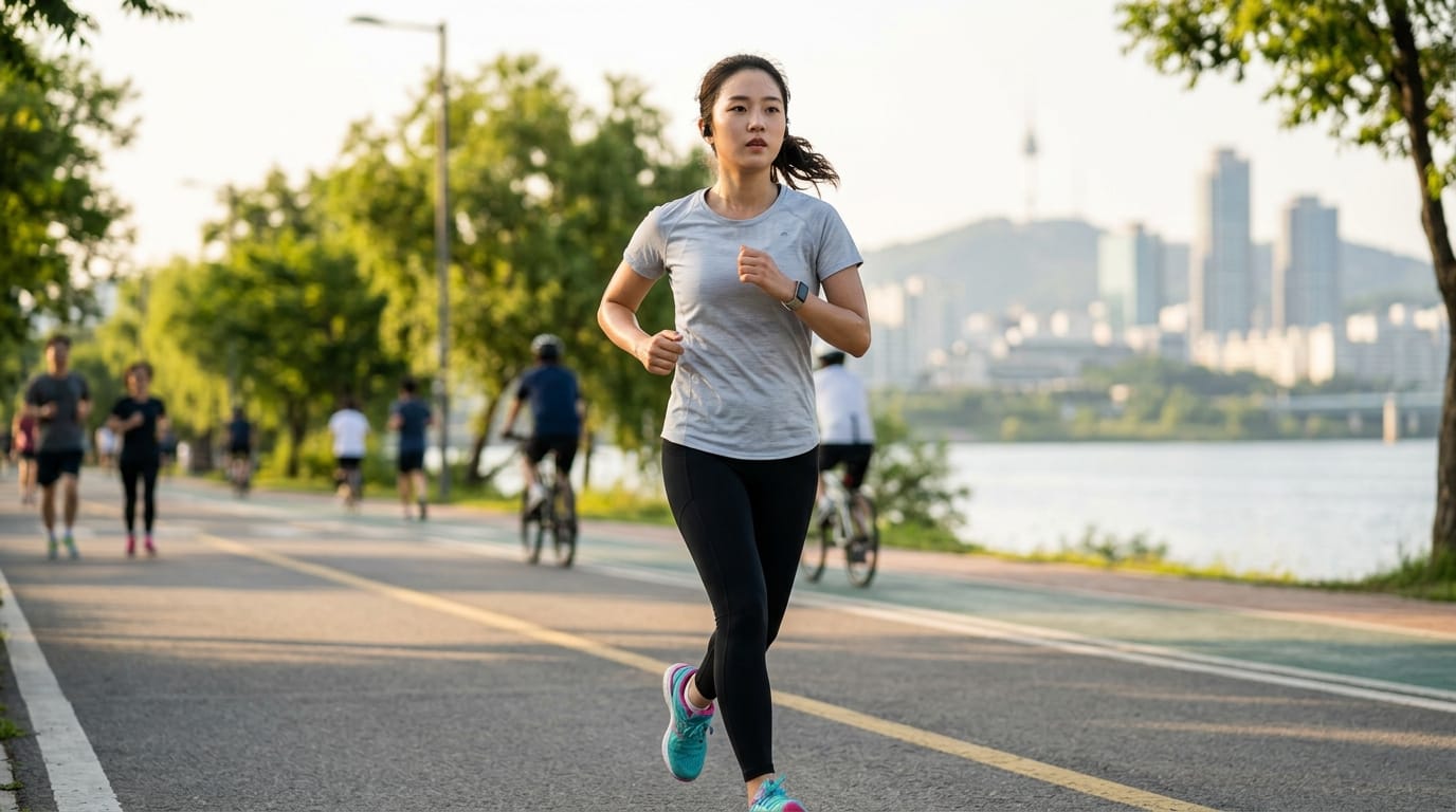 서울에서 조깅하는 여성의 모습으로, 건강한 라이프스타일을 나타내며, 주변에 자전거를 타는 사람들과 나무가 조화를 이루고 있는 운동 코스 배경.