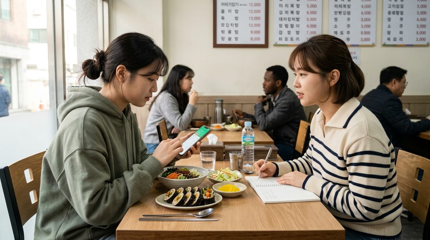 식당에서 대화를 나누며 스마트폰을 사용하는 여성과 메모를 하는 여성, 다양한 음식이 담긴 테이블 모습. 배경에는 메뉴판이 보임.