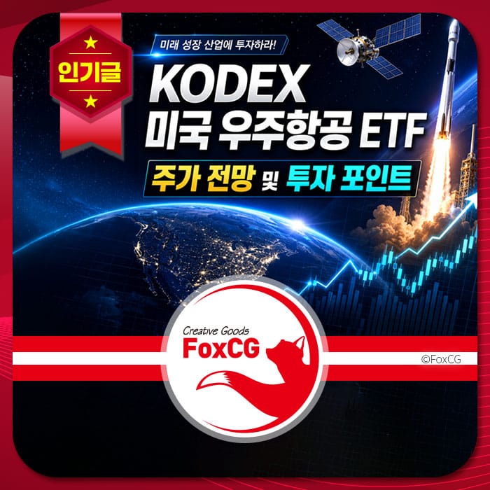 KODEX 미국 우주항공 ETF 주가 전망 및 투자 포인트를 소개하는 이미지, 우주선과 위성이 포함된 미래 지향적인 디자인, 투자에 대한 관심을 유도하는 그래픽 요소.