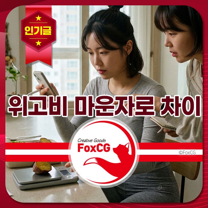 위고비 마운자로 차이를 비교하고 가격, 처방 방법, 부작용 및 효과를 논의하는 두 여성의 모습. 스마트폰과 음식 저울을 사용하여 정보를 확인하는 장면.