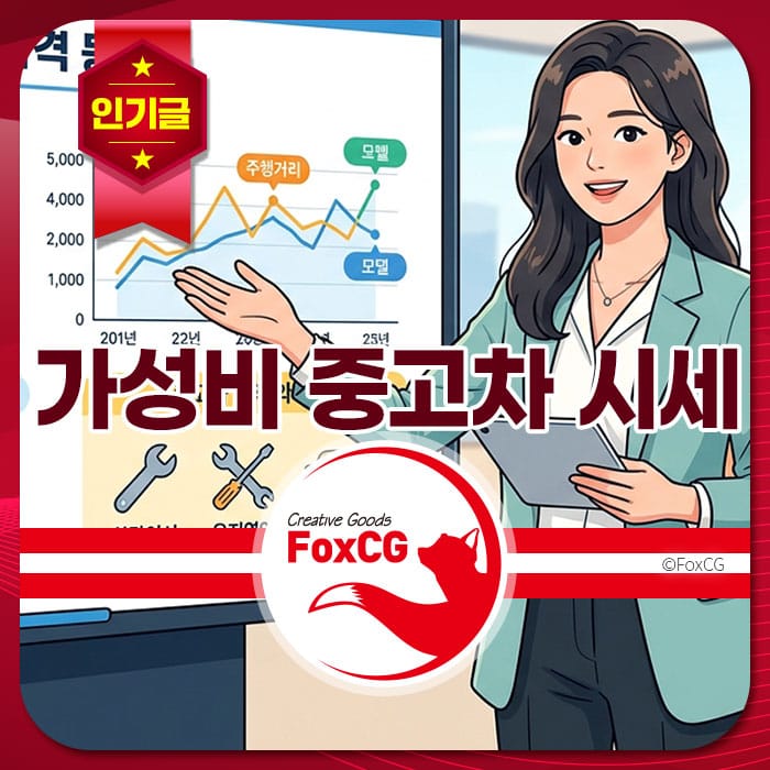2026년 가성비 중고차 시세를 설명하는 그래프 앞에서 발표하는 여성, 중고차 시세와 관련된 데이터 시각화 포함.