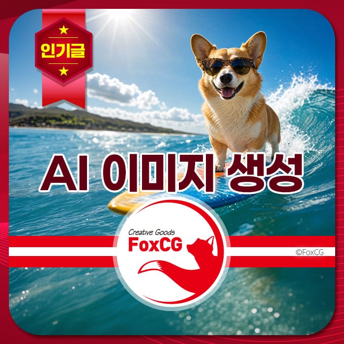 AI 이미지 생성 사이트를 소개하는 페이지에 적합한 이미지로, 선글라스를 쓴 코기 강아지가 서핑을 하는 모습이 담겨 있습니다. 배경은 푸른 바다와 하늘로, 즐거운 분위기를 전달합니다.