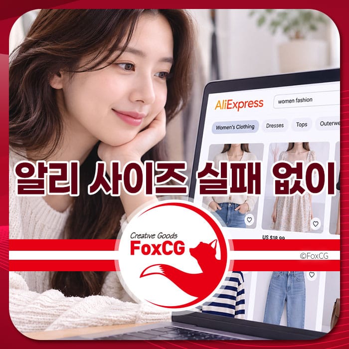 여성이 AliExpress 웹사이트에서 여성 패션을 탐색하는 모습, "알리 사이즈 실패 없이"라는 문구가 포함된 이미지. FoxCG 브랜드 로고가 하단에 위치.
