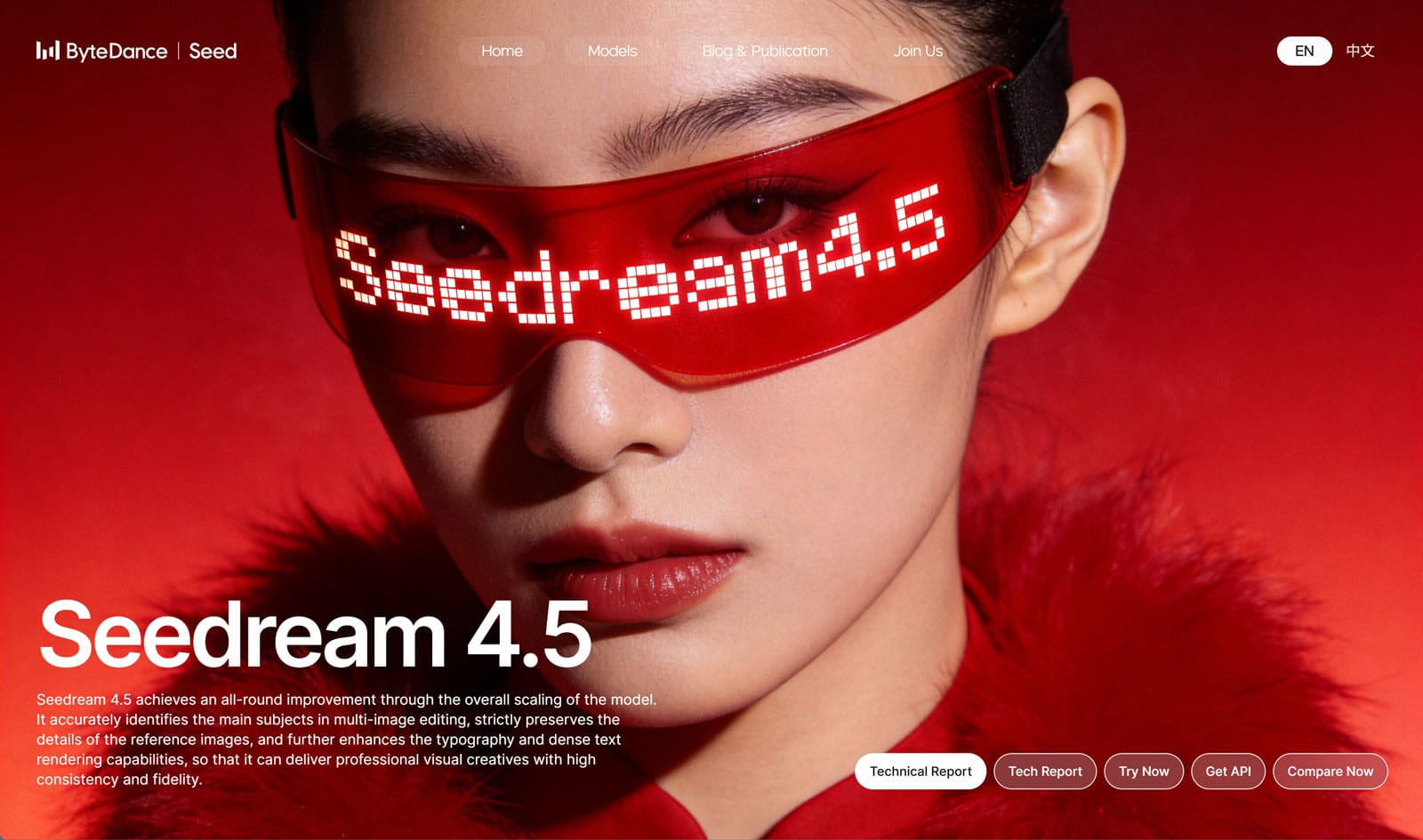 레드 배경 앞에서 반짝이는 빨간색 선글라스를 착용한 모델의 얼굴, Seedream 4.5 로고가 선글라스에 표시되어 있으며, AI 이미지 생성 기술을 강조하는 시각적 요소가 돋보임.
