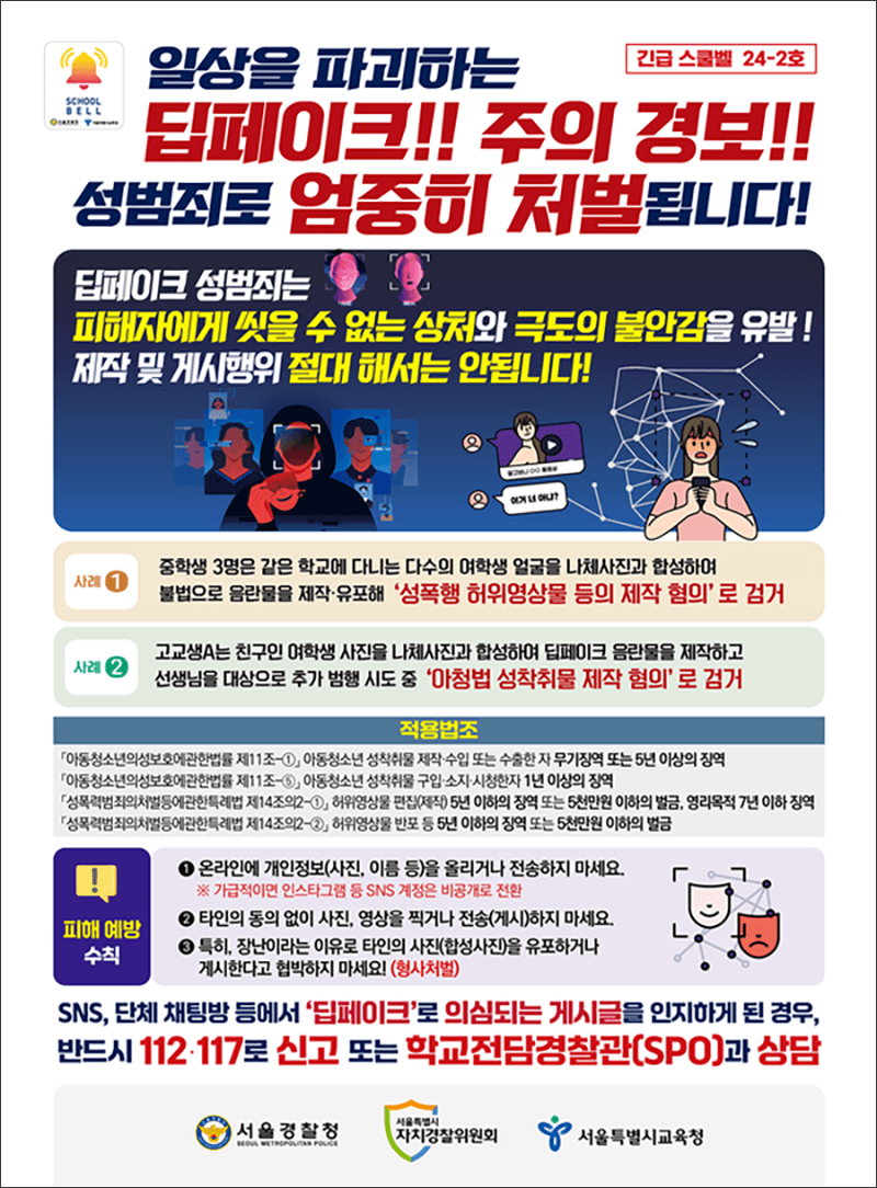 AI 이미지 검열과 관련된 경고 포스터로, 불법적인 이미지 제작을 방지하기 위한 주의사항과 사례를 설명. 중학생과 고등학생을 대상으로 한 경고 메시지 포함.