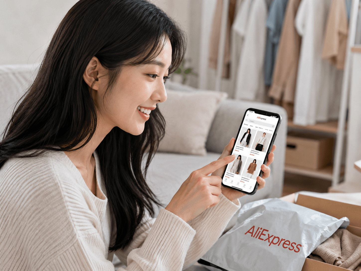 여성 소비자가 AliExpress 앱에서 패션 아이템을 쇼핑하는 모습, 소파에 앉아 스마트폰을 사용하며 미소 짓고 있는 장면. 배경에는 다양한 의류가 보이는 옷장과 AliExpress 패키지가 놓여 있음.