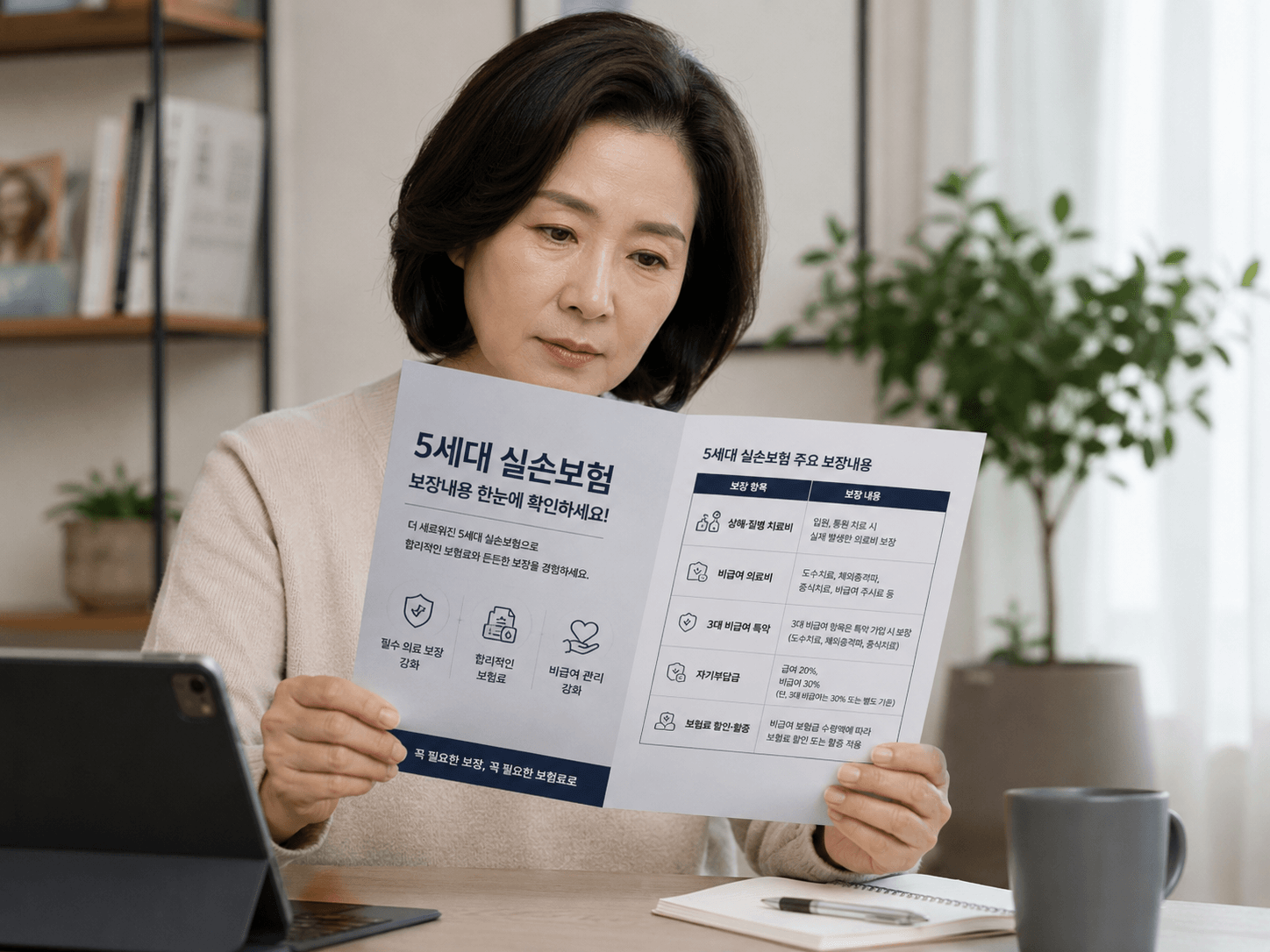 50대 여성이 5세대 실손보험의 보장내용이 담긴 안내서를 읽고 있는 모습, 보험료와 보장 항목에 대한 정보 제공을 위한 이미지.