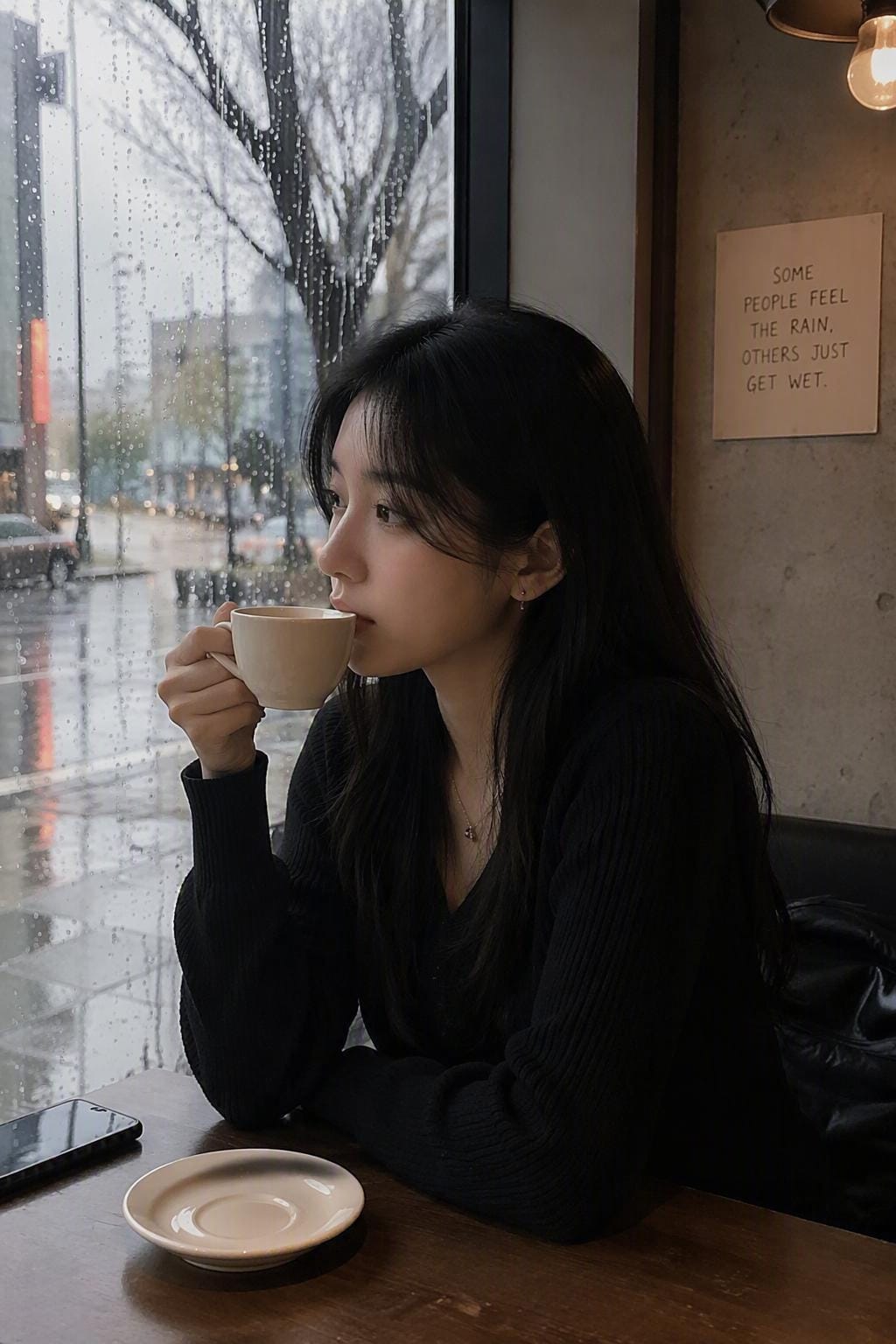 비 오는 날, 창가에 앉아 커피를 마시는 여성의 모습. 그녀는 검은색 스웨터를 입고 있으며, 테이블 위에는 작은 접시와 스마트폰이 놓여 있다. 배경에는 흐릿한 도시 풍경이 보인다.