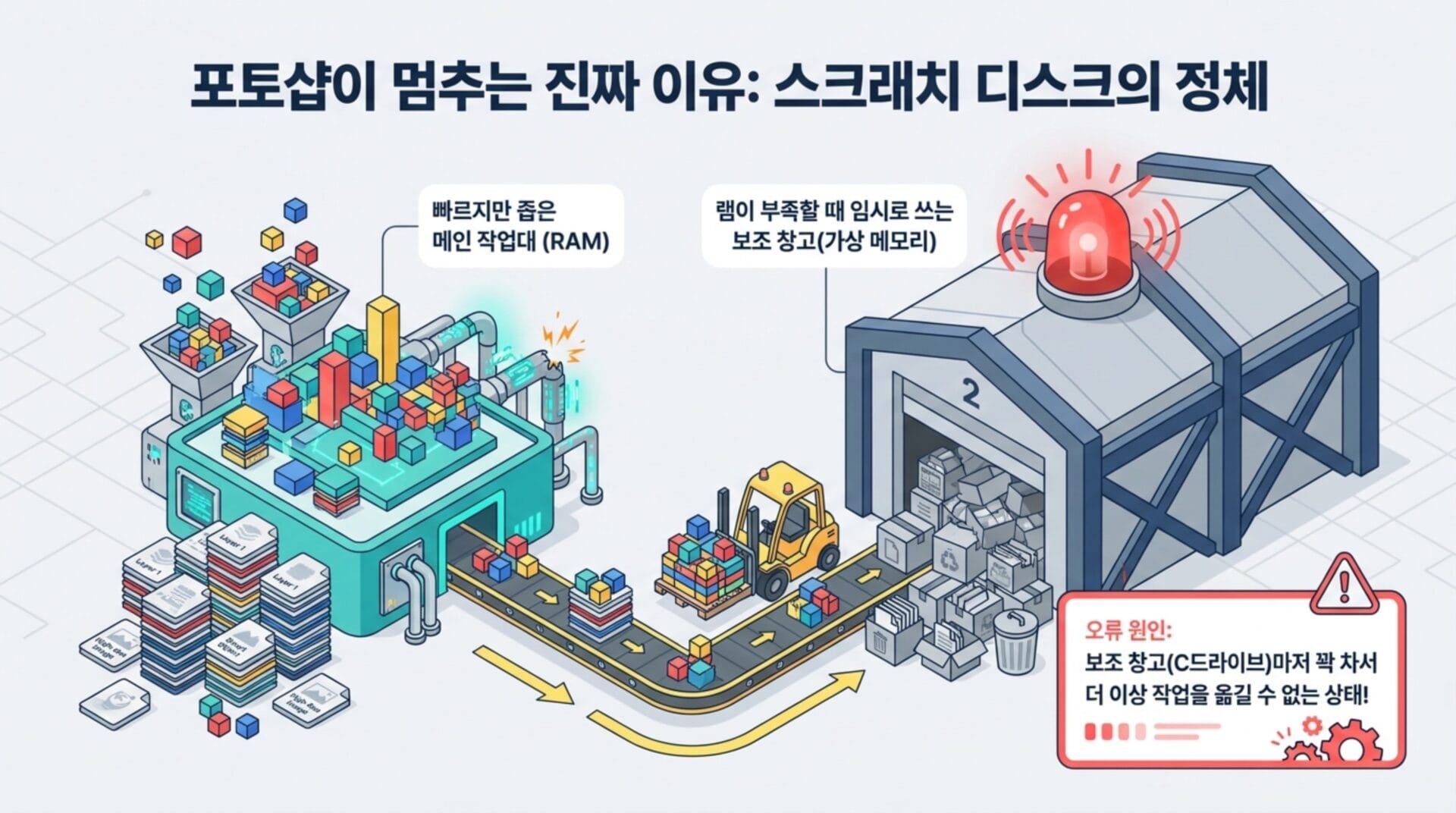 포토샵 스크래치 디스크 공간 부족 오류 해결을 위한 설명을 담은 이미지로, RAM과 보조 저장소의 역할을 시각적으로 나타내고 있습니다.