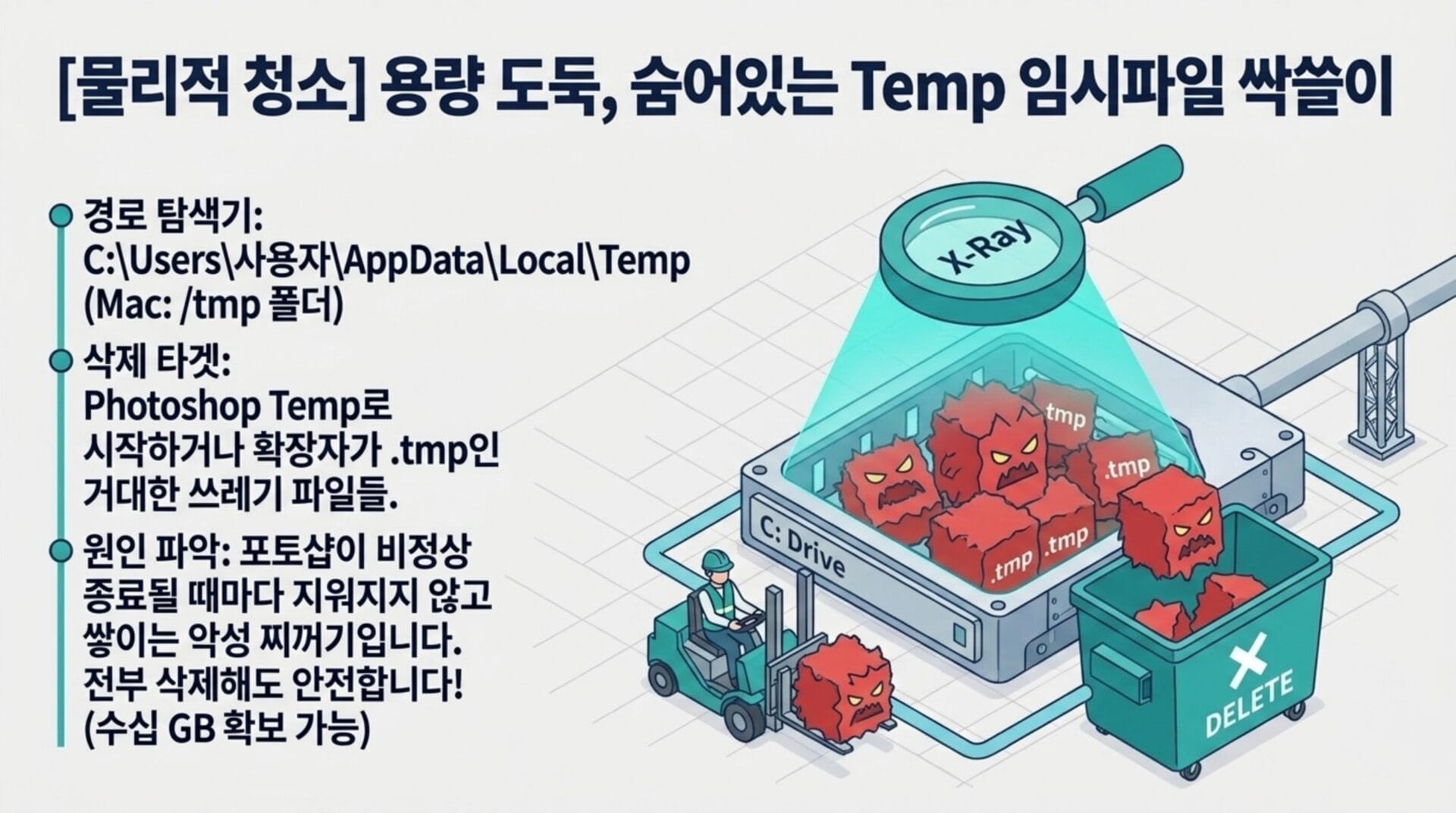 포토샵의 스크래치 디스크 공간 부족 오류 해결을 위한 임시 파일 청소 방법을 설명하는 이미지. C 드라이브에서 .tmp 파일을 찾아 삭제하는 과정을 시각적으로 나타냄.