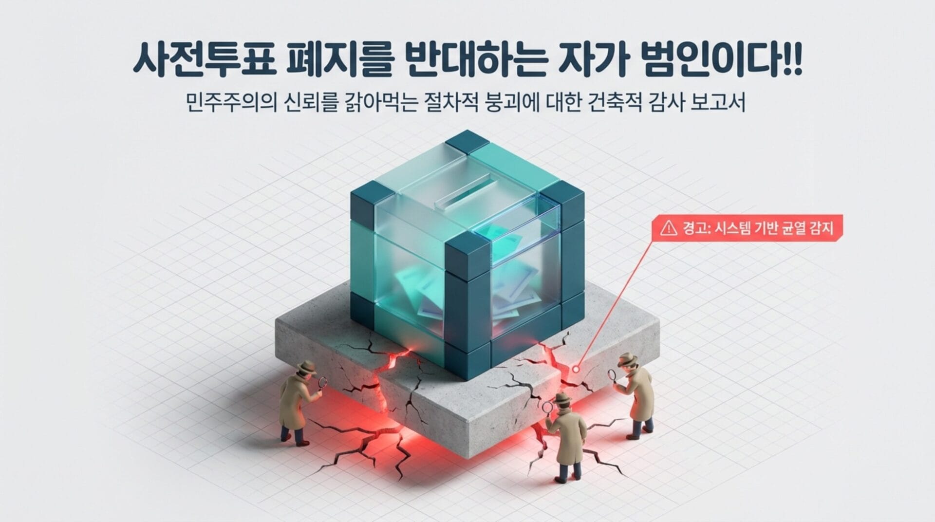 사전투표 폐지와 관련된 경각심을 일깨우는 이미지로, 투표함 위에 서 있는 인물들이 시스템의 문제점을 조사하는 모습을 담고 있습니다. 주제는 사전투표 폐지에 대한 국민청원과 제도 개편입니다.