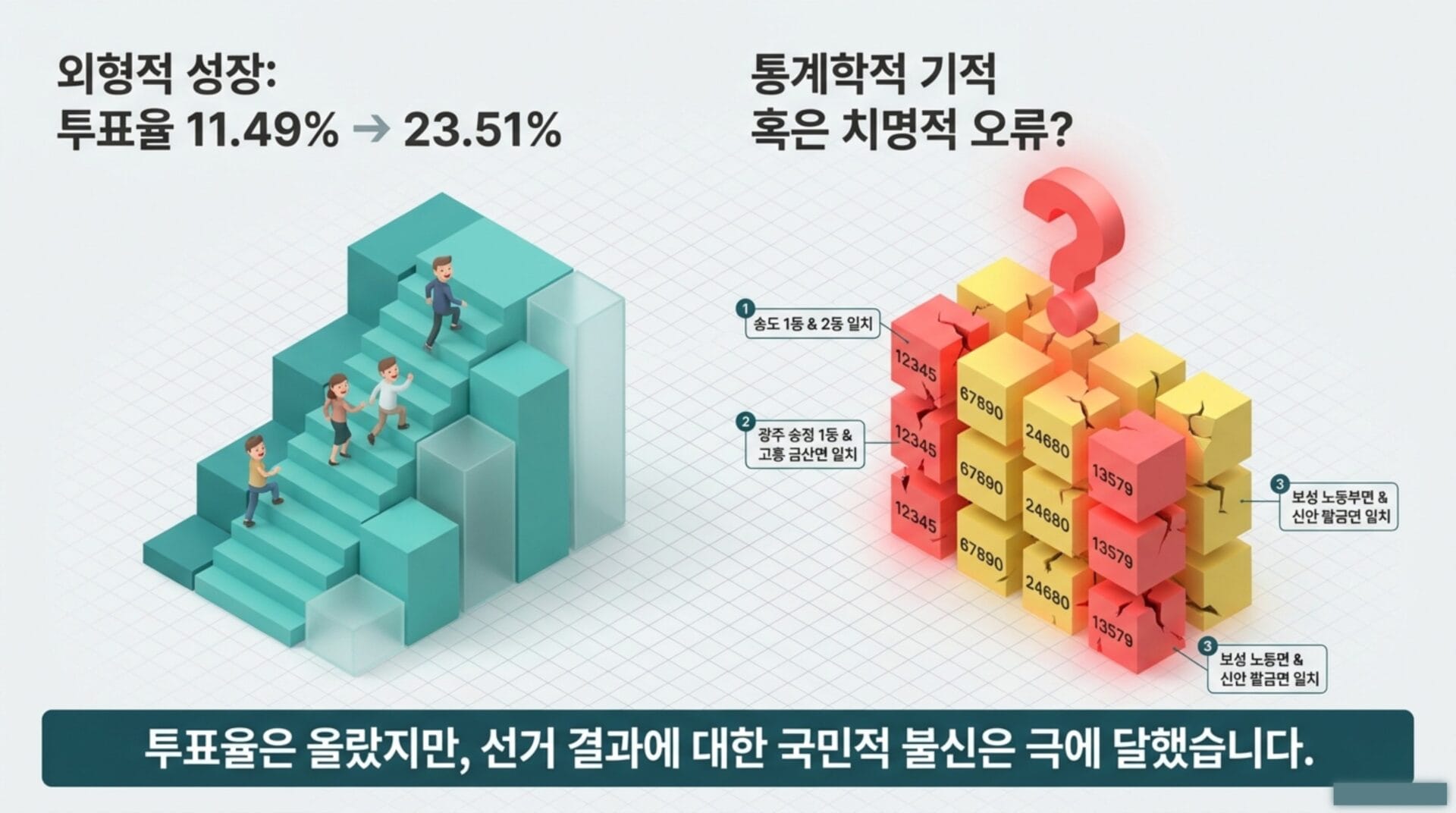 투표율 증가를 나타내는 그래픽과 통계적 오류에 대한 질문을 포함한 이미지, 사전투표 폐지 국민청원 관련 정보 제공.